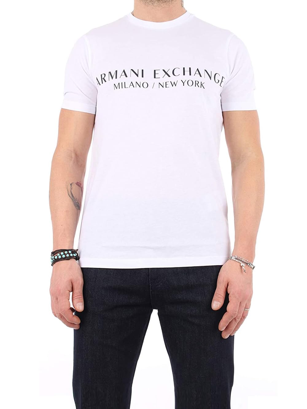 A｜X ARMANI EXCHANGE Men's Short Sleeve Milan New York Logo Crew Neck T-Shirt, White, L