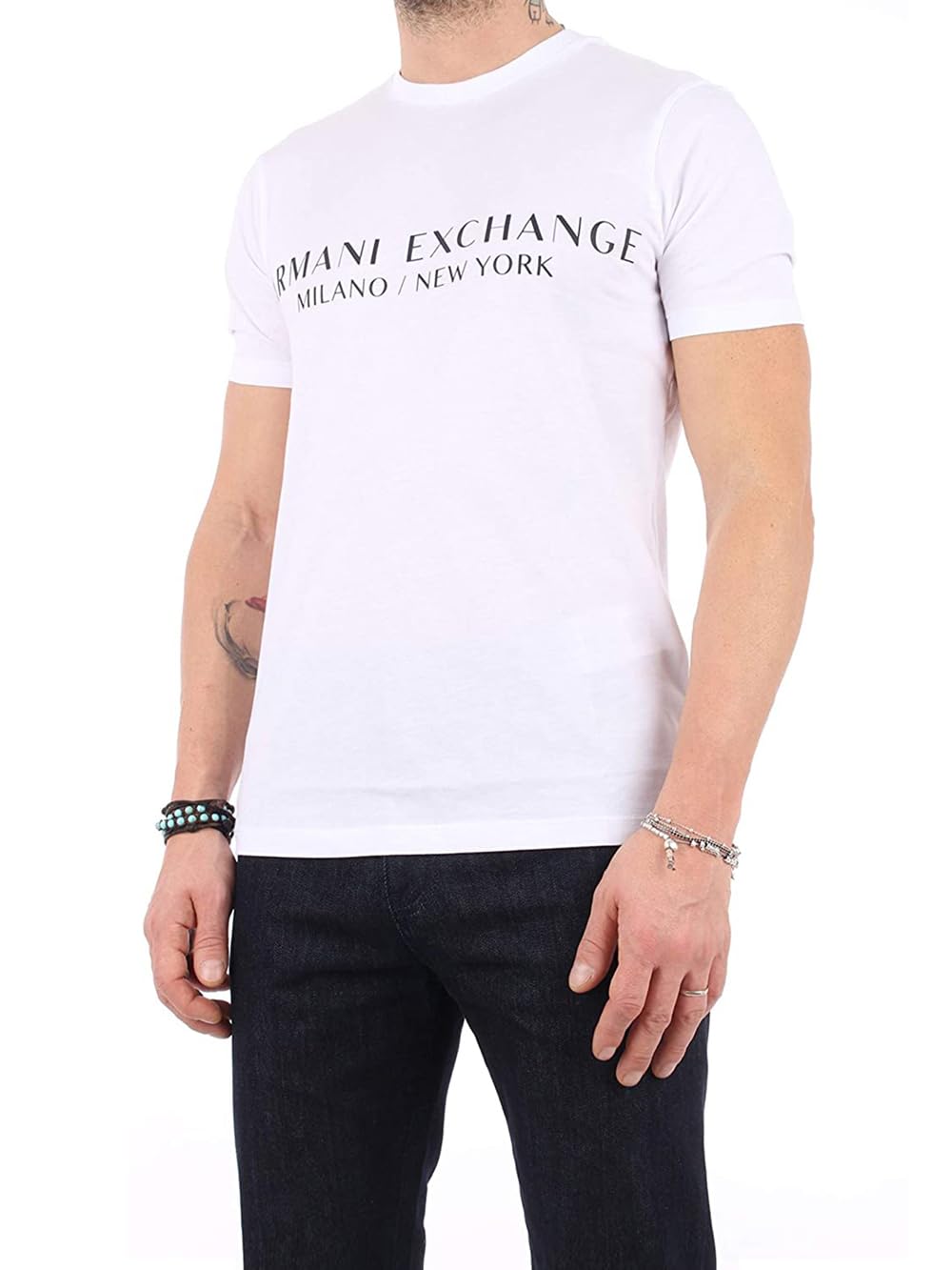 A｜X ARMANI EXCHANGE Men's Short Sleeve Milan New York Logo Crew Neck T-Shirt, White, L