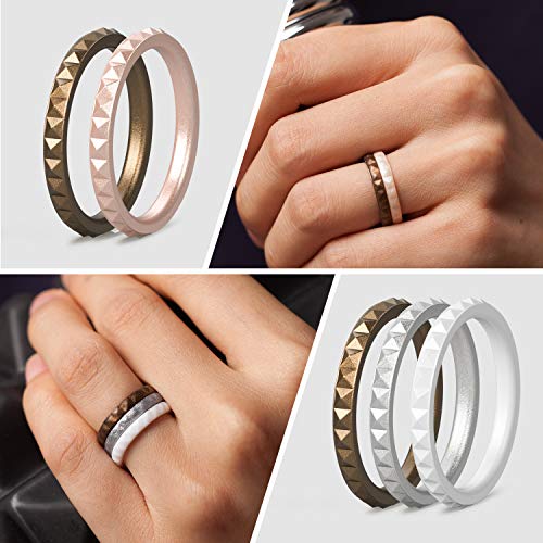 ThunderFit Thin and Stackable Silicone Rings for Women, Rubber Wedding Bands for Women Engagement Diamond Pattern 2.5mm Wide 2mm Thick - 1/4/6/8/16 Variety Multipack