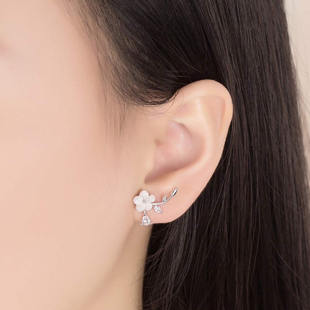 Sweet White Flower Ear Crawler Cuff Earrings Sterling Silver Diamond CZ Stud Ear Climber Wedding Earring Jewelry Gifts for Women Girls