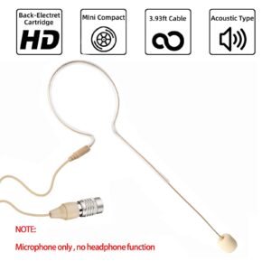 Sujeetec Headset Headworn Microphone - Hirose 4 Pin Plug Head Microphone for Audio Technica Wireless System & Bodypack Transmitter – Beige Single Earhook Omnidirectional Headset Head Mic