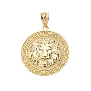 bold 14k yellow gold lion head greek key round medal animal charm pendant