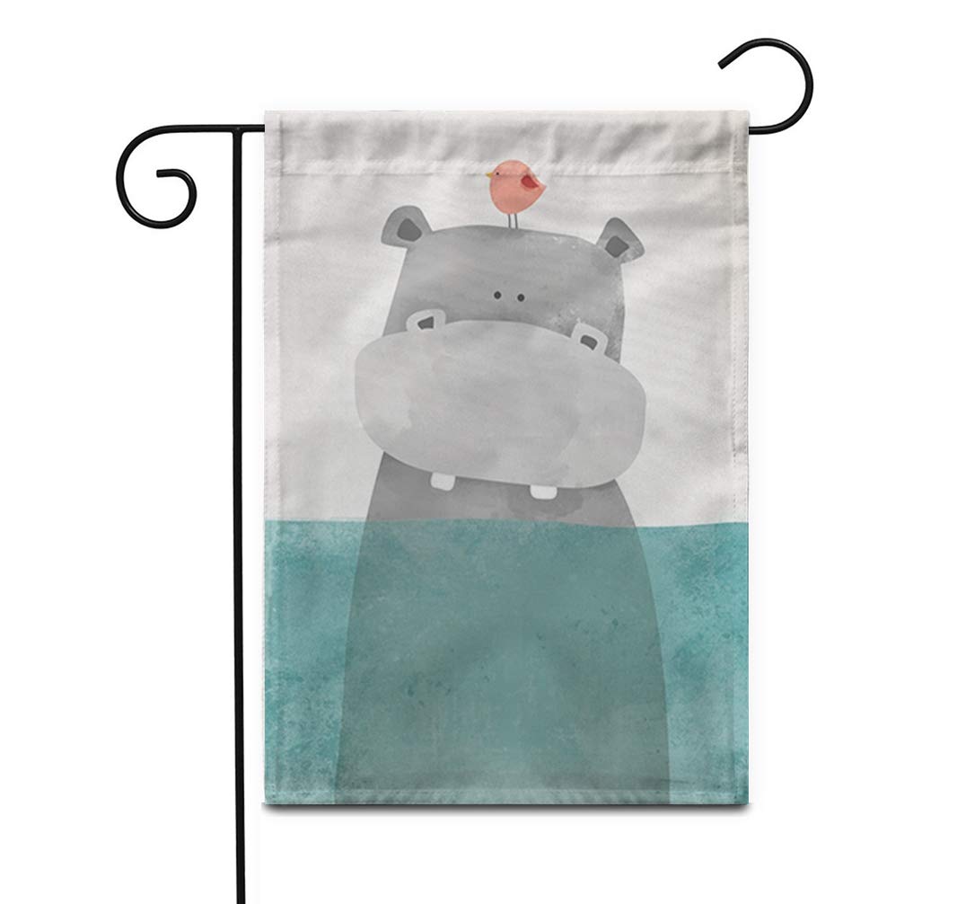 Awowee 12"x18" Garden Flag Blue Nursery Hippo in Water Gray Cute Drawing Bird Outdoor Home Decor Double Sided Yard Flags Banner for Patio Lawn