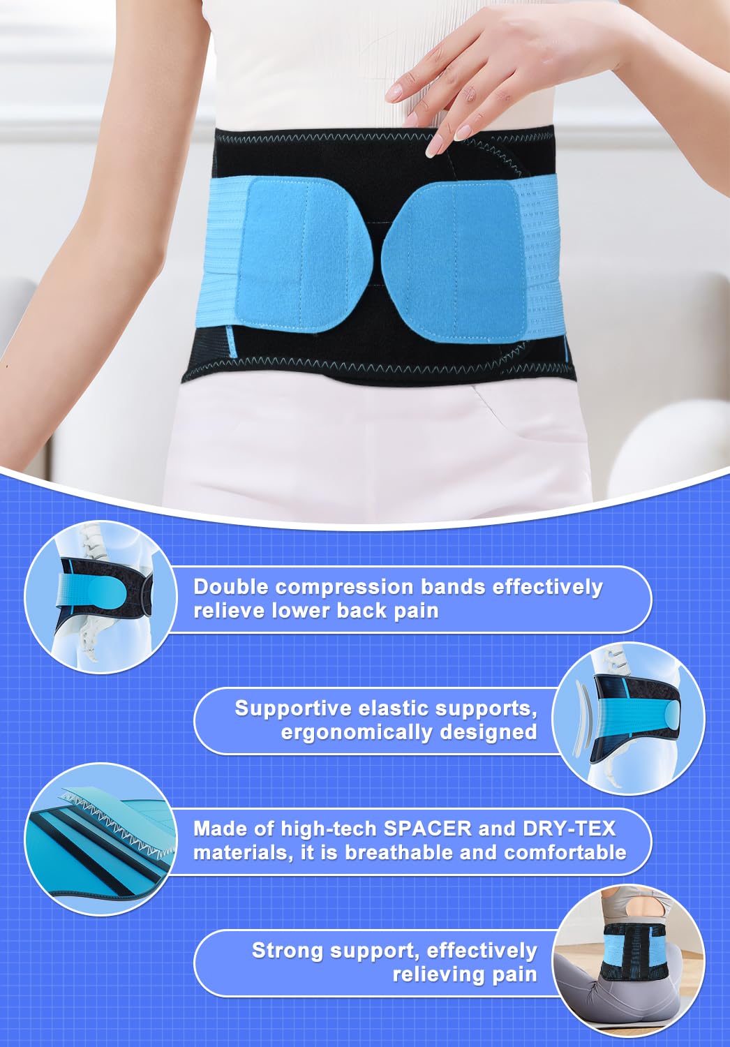 Waist Back Support Belt for Women Men,TIMTAKBO Lower Back Brace Lumbar Support for Lower Back Pain Relief,Adjustable Flexible Sport Girdle Waist Support Belt(Black/Blue,S/M Fit Belly 23.5"-31.5")