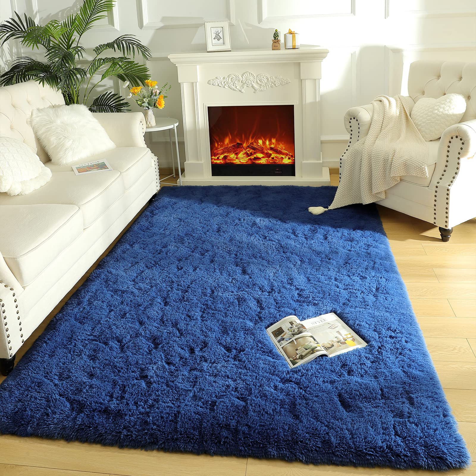 LOCHAS Ultra Soft Indoor Modern Area Rugs Fluffy Living Room Carpets for Children Bedroom Home Decor Nursery Rug 4x5.3 Feet, Light Navy