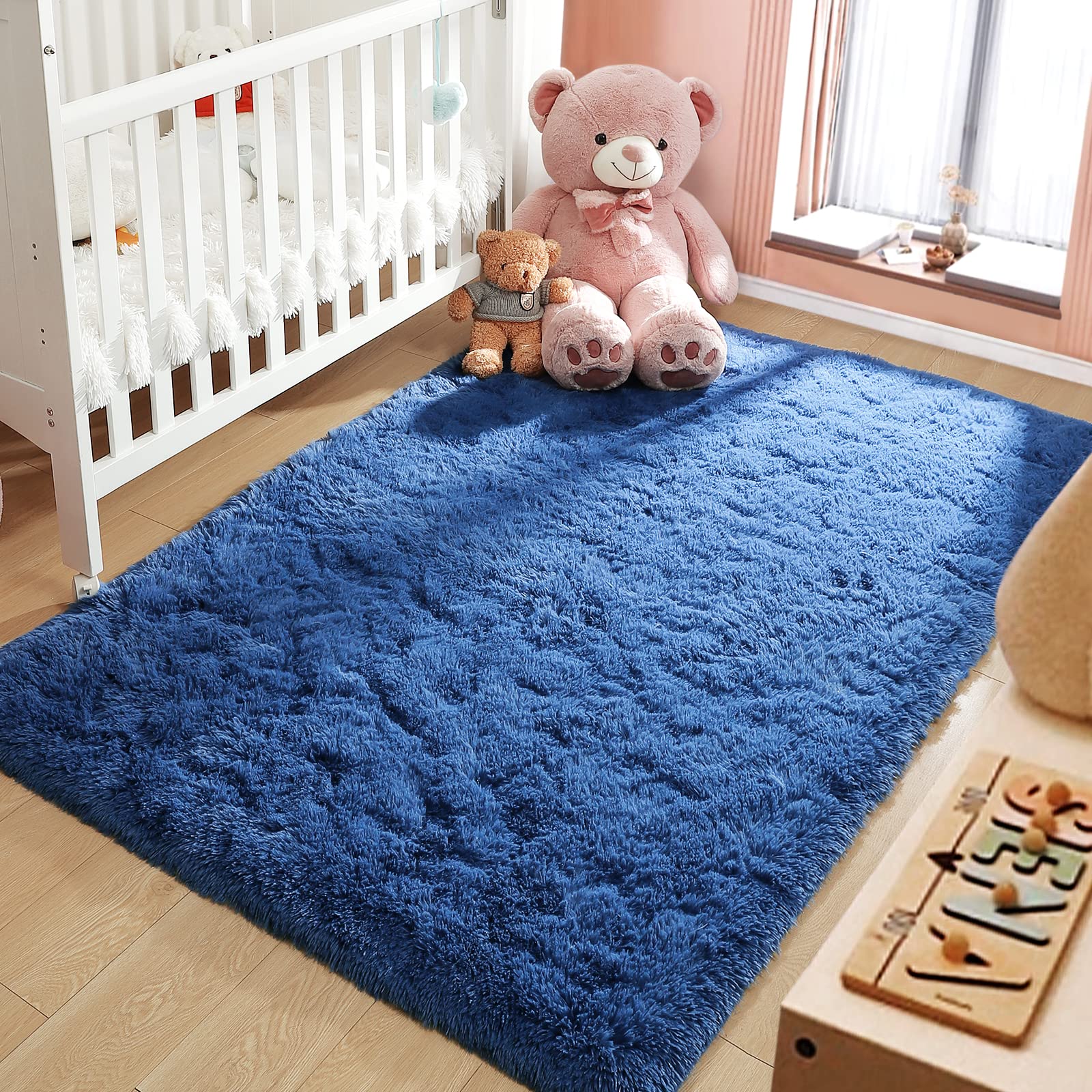 LOCHAS Ultra Soft Indoor Modern Area Rugs Fluffy Living Room Carpets for Children Bedroom Home Decor Nursery Rug 4x5.3 Feet, Light Navy