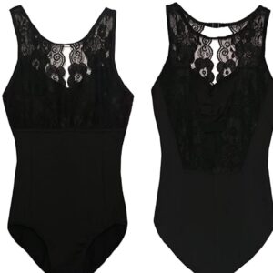 Danz N Motion Womens Tank Leotard Scalloped Lace Back (Black, Large Adult)