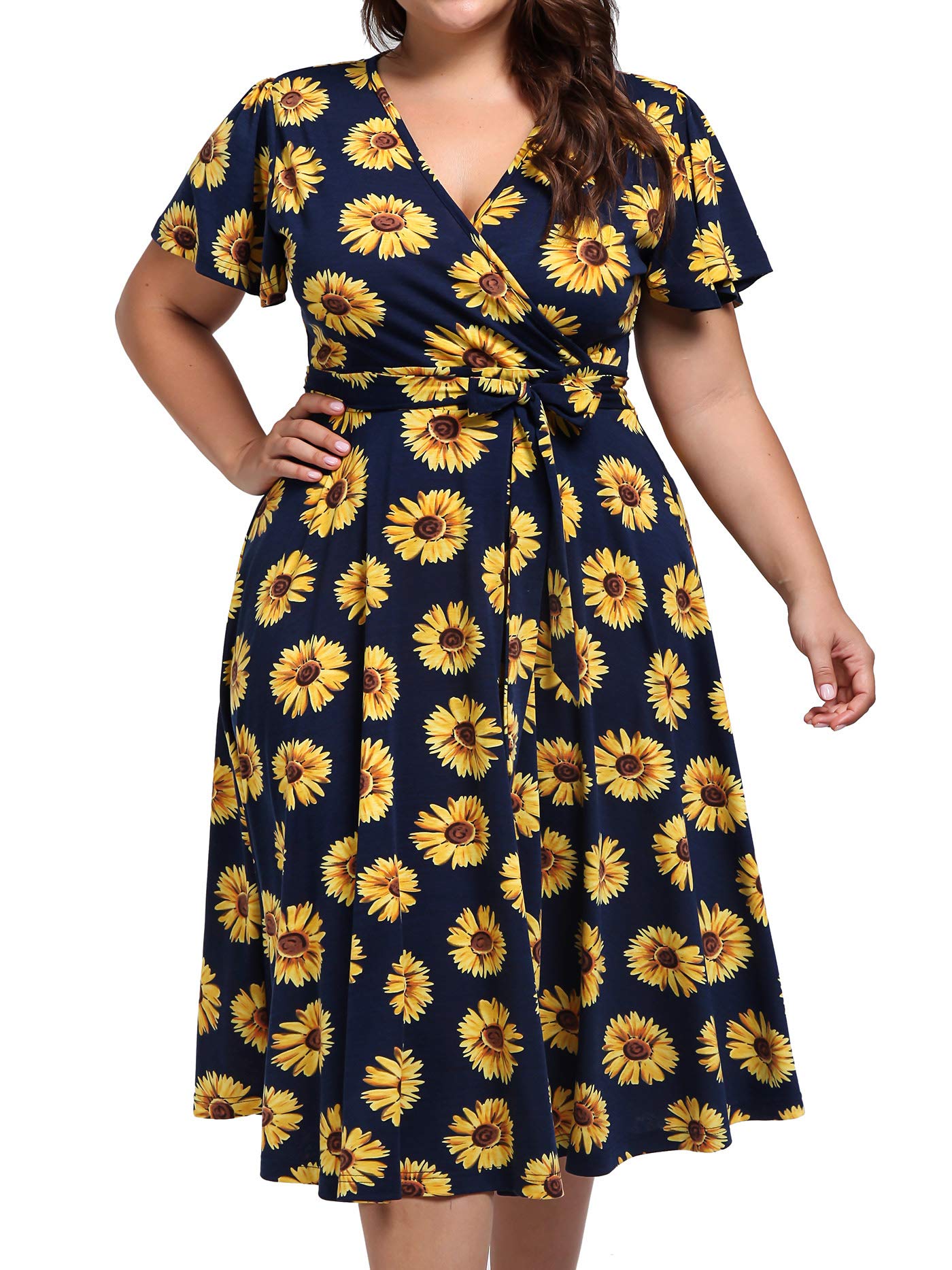 kissmay Plus Size Midi Dress,Floral Casual Dresses with Pockets Spring&Summer Dress for Women 70s Plus Mid-Length Dress for Cocktail Party A Line Swing Dresses with Belted V Neck Blue Yellow 24 PlusL