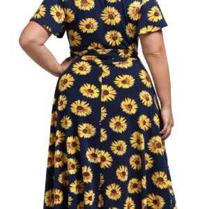 kissmay Plus Size Midi Dress,Floral Casual Dresses with Pockets Spring&Summer Dress for Women 70s Plus Mid-Length Dress for Cocktail Party A Line Swing Dresses with Belted V Neck Blue Yellow 24 PlusL