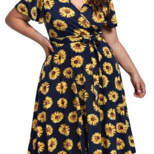 kissmay Plus Size Midi Dress,Floral Casual Dresses with Pockets Spring&Summer Dress for Women 70s Plus Mid-Length Dress for Cocktail Party A Line Swing Dresses with Belted V Neck Blue Yellow 24 PlusL