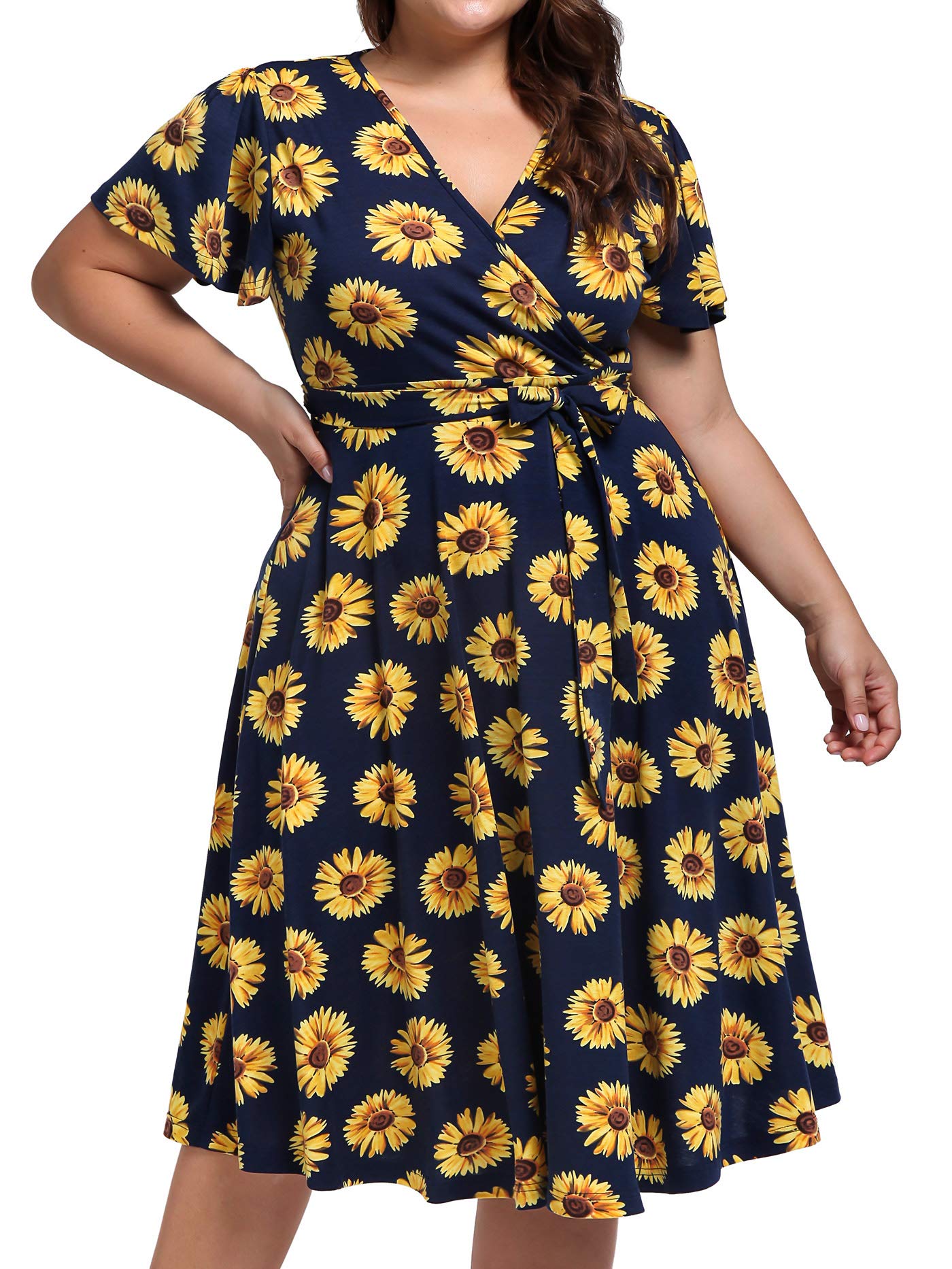 kissmay Plus Size Midi Dress,Floral Casual Dresses with Pockets Spring&Summer Dress for Women 70s Plus Mid-Length Dress for Cocktail Party A Line Swing Dresses with Belted V Neck Blue Yellow 24 PlusL