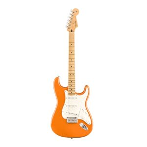 fender player stratocaster sss electric guitar, with 2-year warranty, capri orange, maple fingerboard