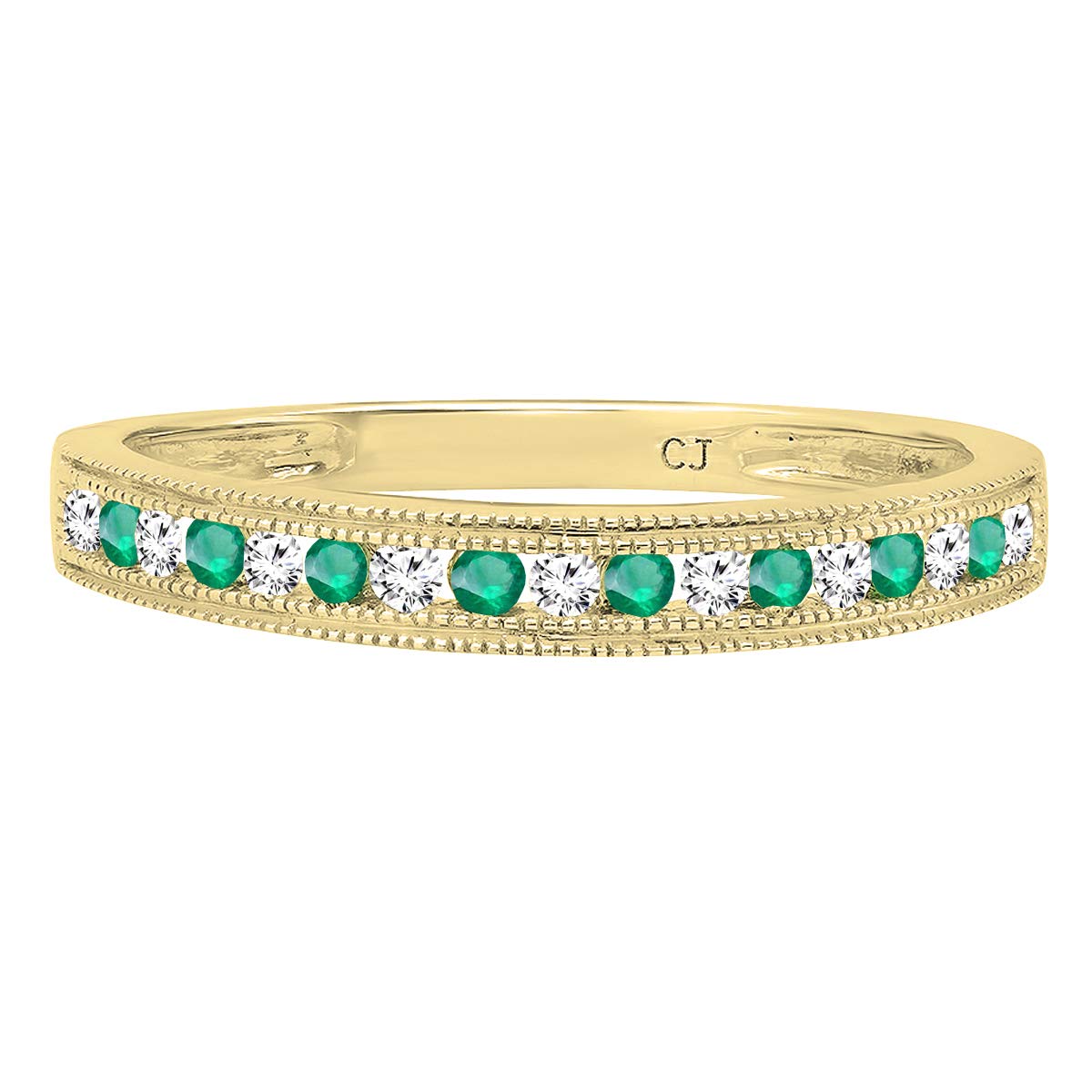 Dazzlingrock Collection Round Emerald & Diamond Ladies Millgrain Anniversary Wedding Stackable Band, 14K Yellow Gold, Size 7