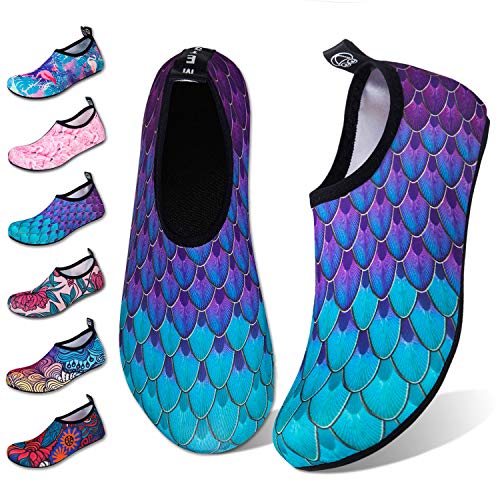 WateLves Water Shoes for Womens Mens Barefoot Quick-Dry Aqua Socks for Beach Swim Surf Yoga Exercise New Translucent Color Soles (Fishscale-BlueGreen, 34/35)