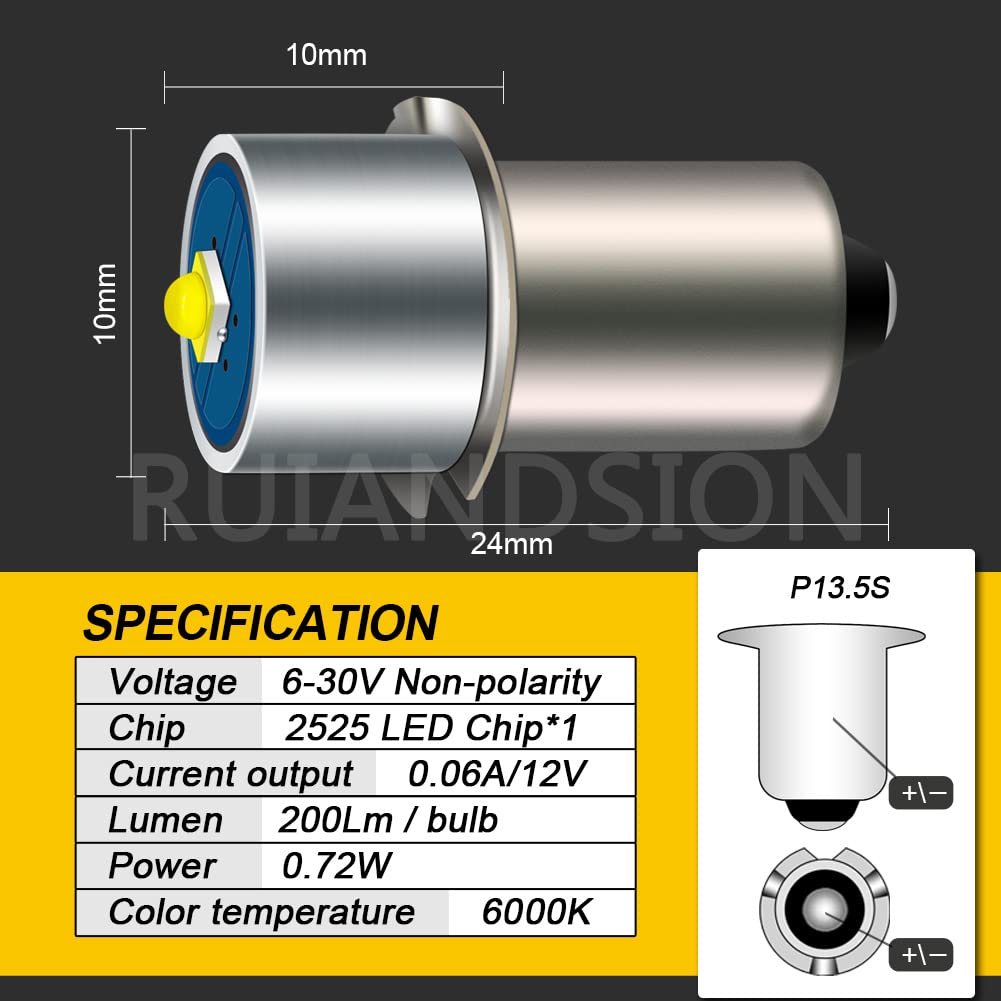 Ruiandsion Upgrade LED Flashlight Bulb - (Pack of 2) 3W 6-24V 200LM P13.5S 2525 LED Replacement Bulb for DEWALT Torch Tooling Lantern Work Light Maglit Bulbs Replacement,Non-Polar