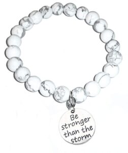 hidden hollow beads howlite natural white stone women's stretch bracelet, inspirational message charm (be stronger than the storm)