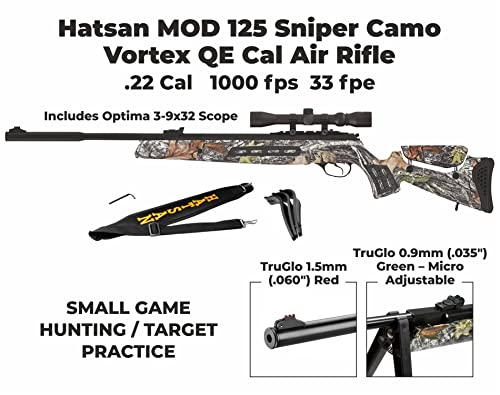 Hatsan Mod 125 Sniper Camo .22 Cal 1250 FPS / 33 FPE - Vortex Piston Break Barrel Air Rifle 22 Caliber + 3-9×40 Scope, Adjustable Cheek Piece & QuietEnergy QE air Gun + Wearable4U 250x Pellets Bundle