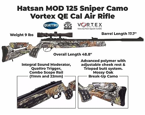 Hatsan Mod 125 Sniper Camo .22 Cal 1250 FPS / 33 FPE - Vortex Piston Break Barrel Air Rifle 22 Caliber + 3-9×40 Scope, Adjustable Cheek Piece & QuietEnergy QE air Gun + Wearable4U 250x Pellets Bundle