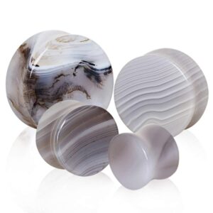 pierced owl natural grey agate stone saddle plugs, sold as a pair (25mm (1"))