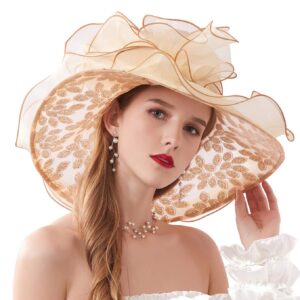 ORIDOOR Women?s Organza Church Kentucky Derby Tea Party Wedding Fascinator Hat UV-Anti Wide Brim Sun Hats, A Gold, One Size