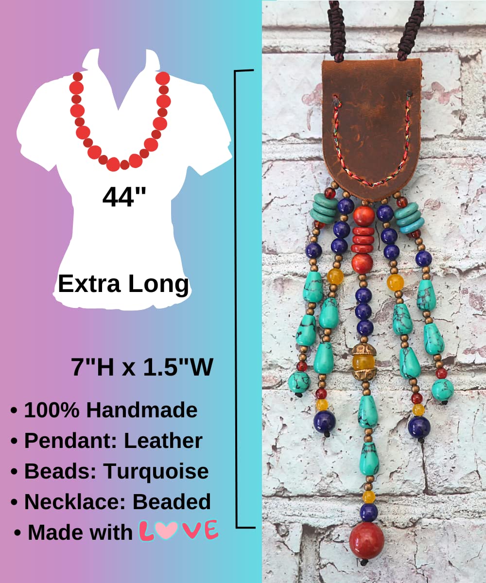 DREMINOVA Turquoise Beads Bohemian Boho Necklace Extra Long Cowboy Western Lethaer Adjustable Statetment Trendy Women’s Jewelry (Artistic Ethnic)