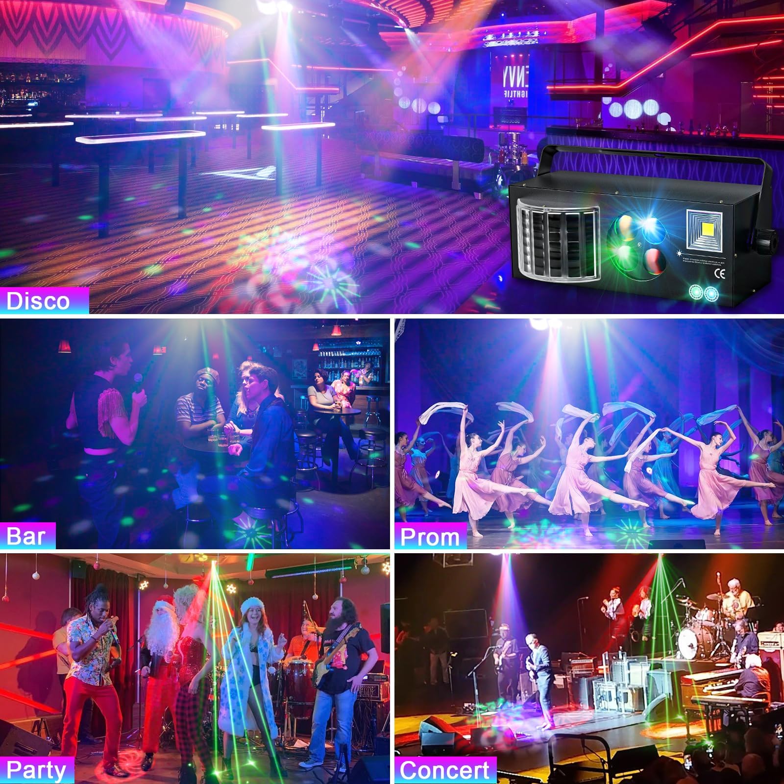 Dj Disco Party Lights Ball Stage Lights 4 in 1 RGBW Lighting Parties Indoor Mixed Lighting Effects Pattern Strobe Light Sound Activated Remote DMX Control for KTV Club Disco Party Wedding