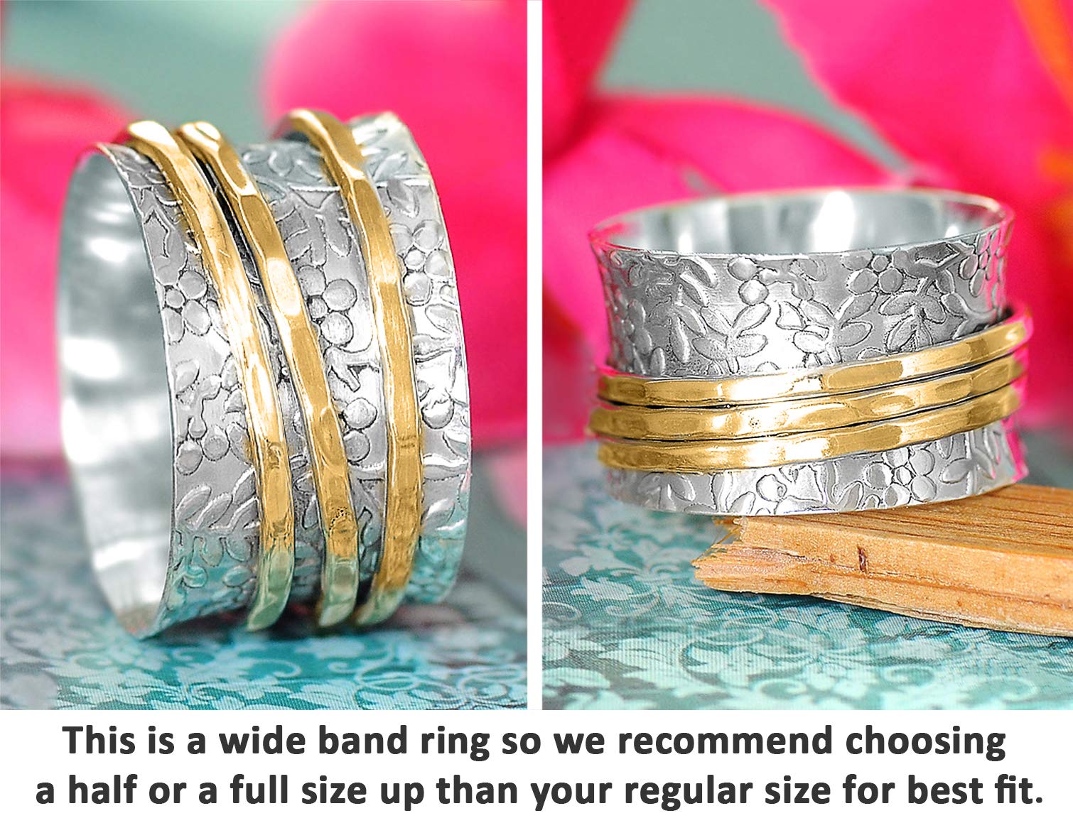 Boho-Magic 925 Sterling Silver Spinner Flowers Ring for Women with 3 Brass Fidget Rings Wide Band (9)