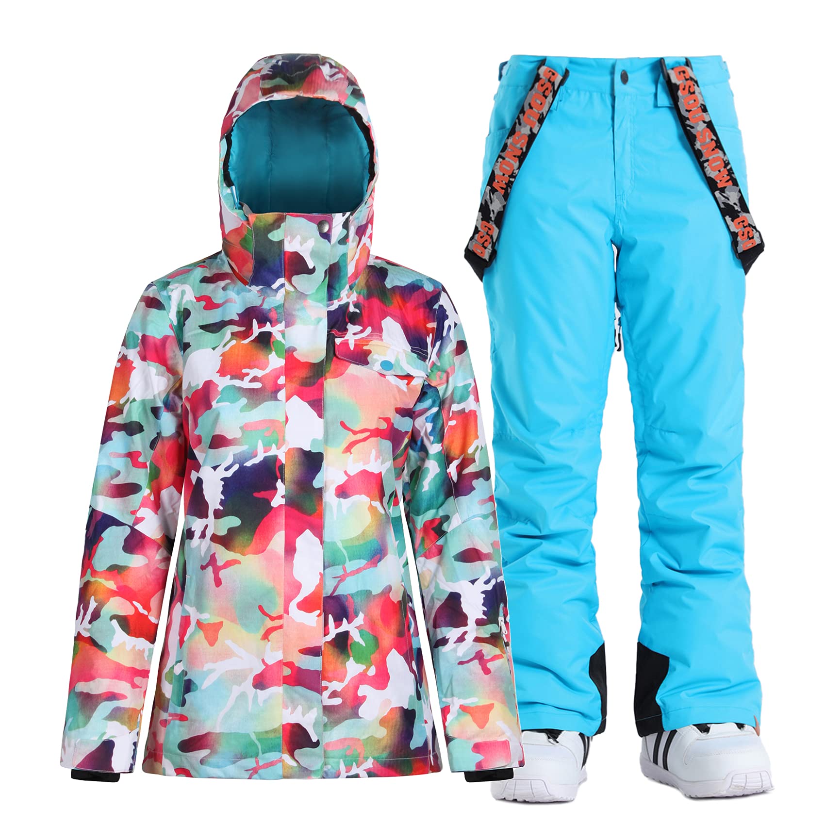 GSOU SNOW Womens Ski Jackets and Pants Set Snowsuit Snowboarding Warm Winter Coat Hooded Waterproof Windproof Insulated,Blue Camouflage,XS