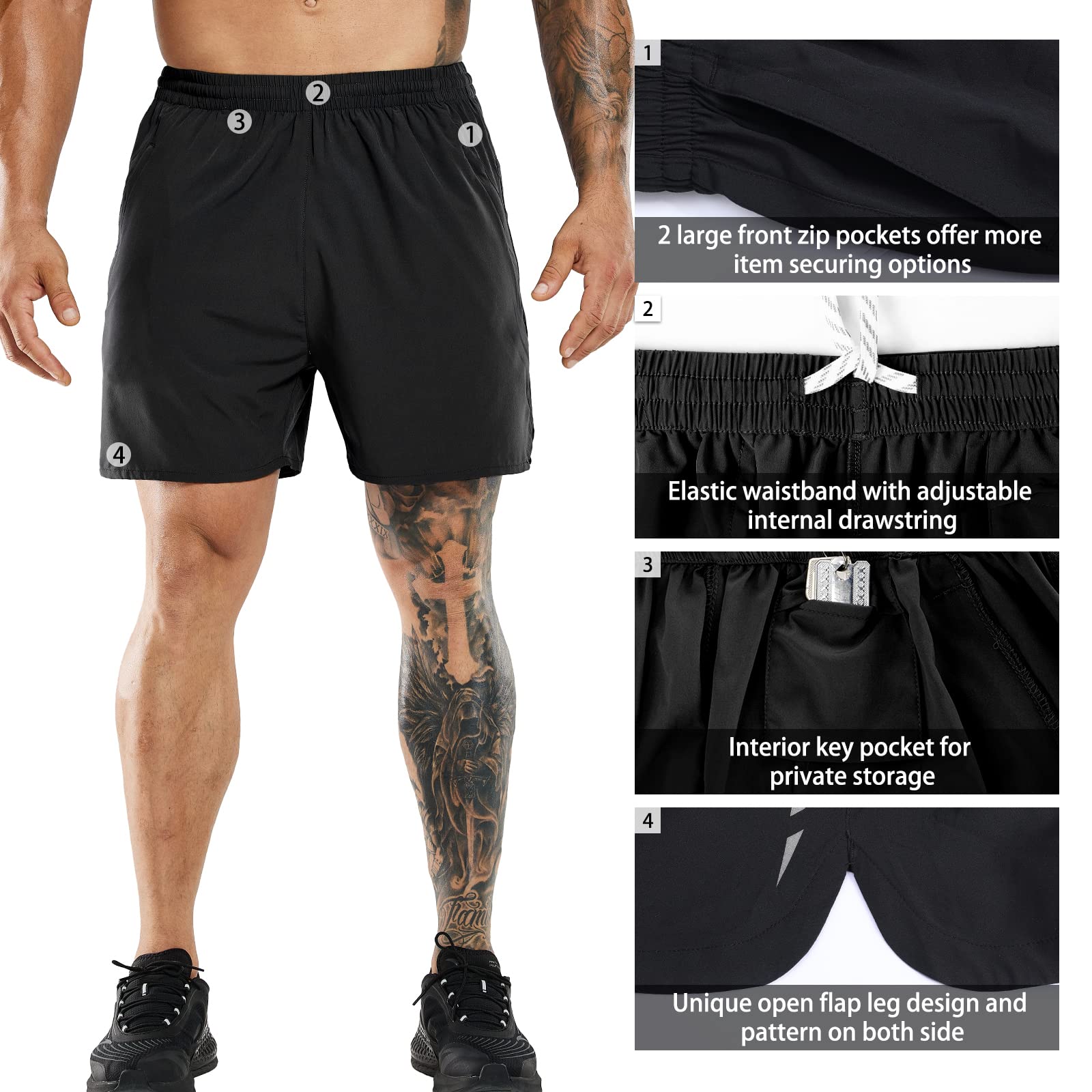 MIER Men's Lightweight Running Shorts Quick Dry Gym Sports Shorts with Zipper Pockets,Black,M