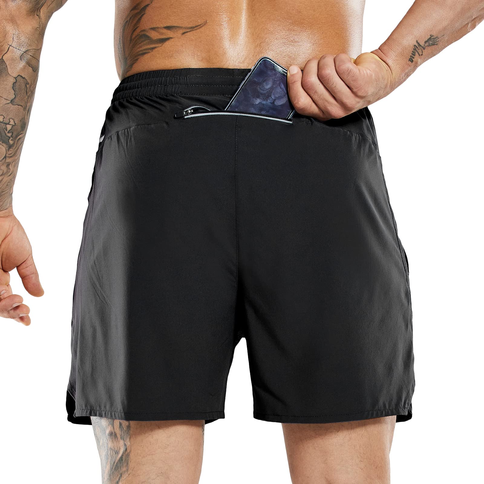 MIER Men's Lightweight Running Shorts Quick Dry Gym Sports Shorts with Zipper Pockets,Black,M