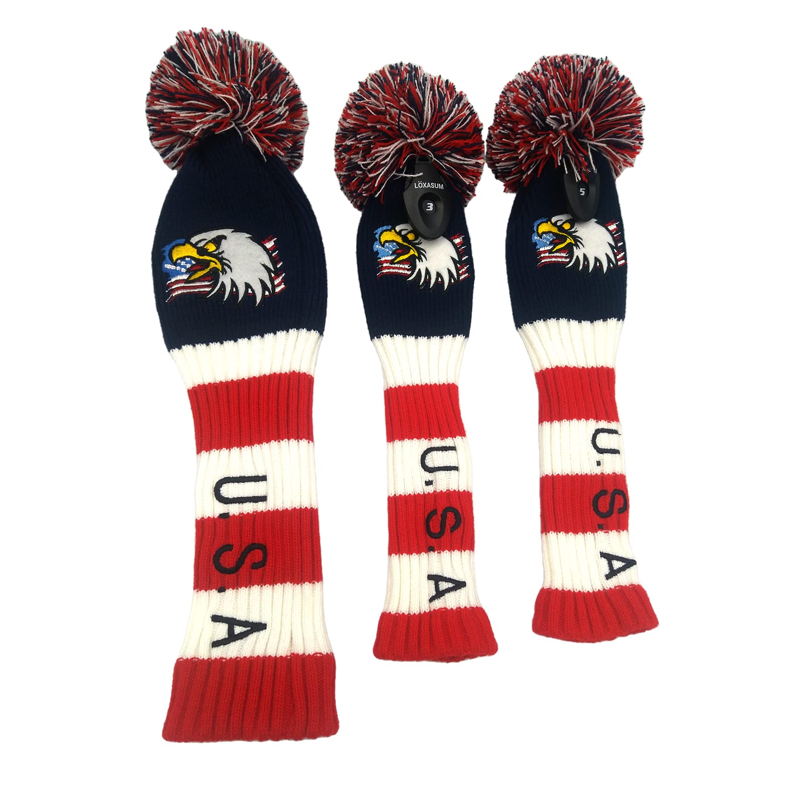 USA Flag Eagle Embroidered Knitted Golf headcovers for 460cc Driver Wood POM POM Head Club Covers