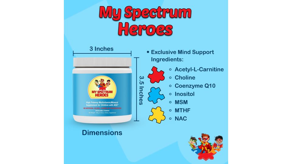 My Spectrum Heroes Kids Powder Multivitamin - Dissolvable Powder Supplement, Better Absorption, Non-GMO, Non-Gluten, No Artificial Ingredients - Neural Help for Children on The Spectrum - 122g(4.30oz)