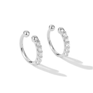 Ear Cuff Earrings Small Hoop Huggies Sterling Silver Cubic Zirconia Clip On No Piercing Cartilage Earring for Women (Silver)