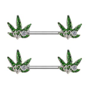 Pierce2GO 14G Nipple Piercing Surgical Stainless-Steel Set of 2 Barbell Marijuana Weed Leaf - 420 Cute Nipple Rings Nipple Piercing Jewelry for Women - 9/16" Barbell (Green)