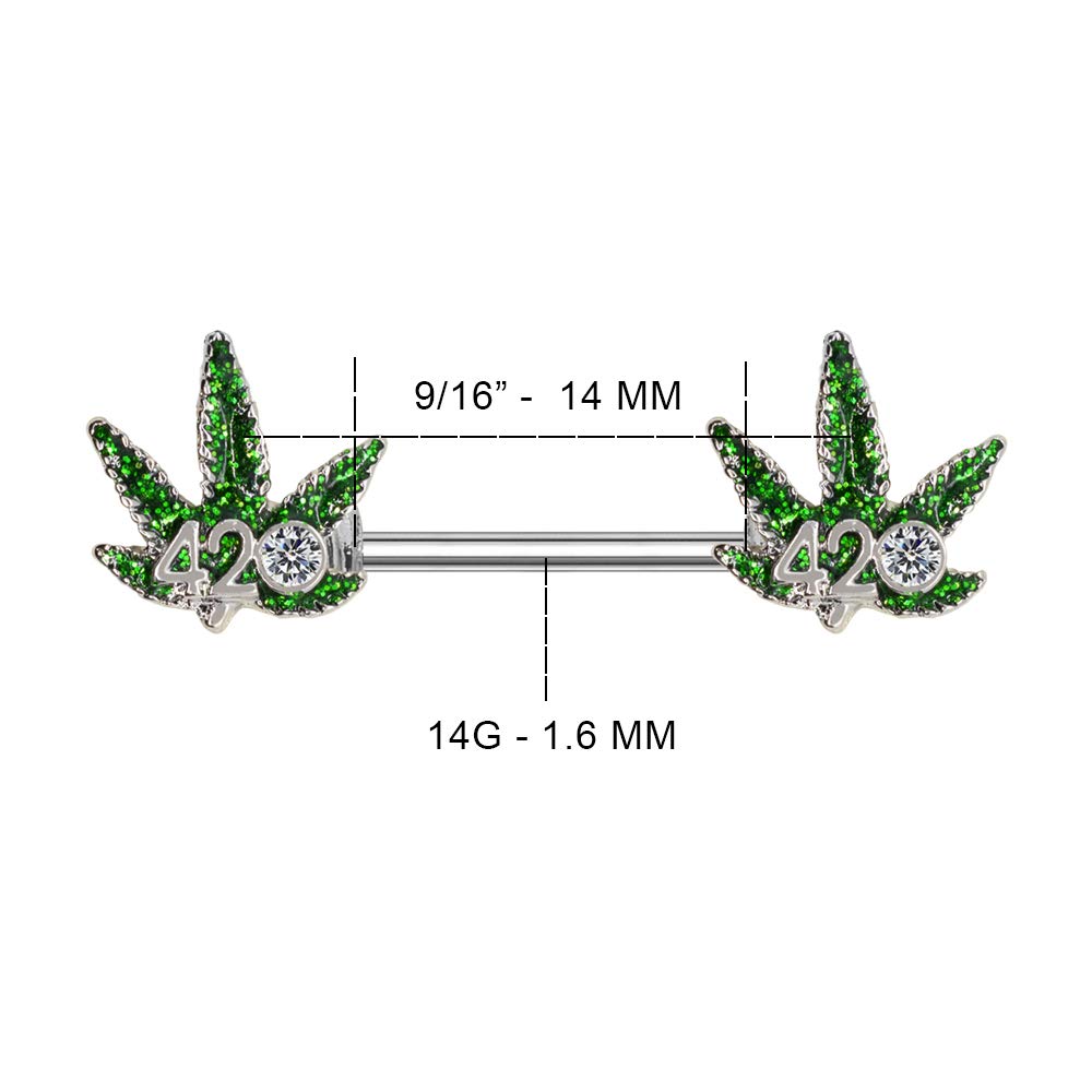 Pierce2GO 14G Nipple Piercing Surgical Stainless-Steel Set of 2 Barbell Marijuana Weed Leaf - 420 Cute Nipple Rings Nipple Piercing Jewelry for Women - 9/16" Barbell (Green)