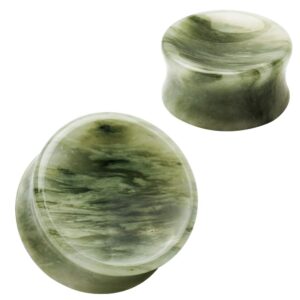 Pierced Owl Natural Green Line Jasper Concave Stone Saddle Plugs, Sold as a Pair (10mm (00GA))