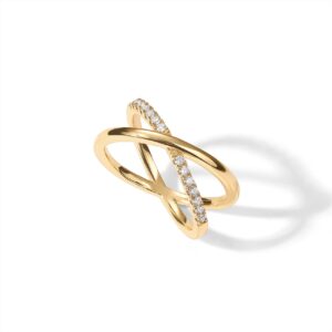 PAVOI 14K Gold Plated X Ring | Simulated Pav√© Diamond CZ Criss Cross Ring for Women | Yellow Gold - Size 7