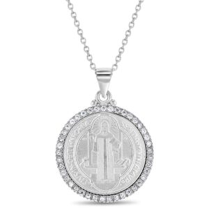 925 sterling silver clear cubic zirconia saint benedict medallion 18" necklace for young girls & teens - religious shiny cz st. benedict medal necklaces for girls - faith charm jewelry for women