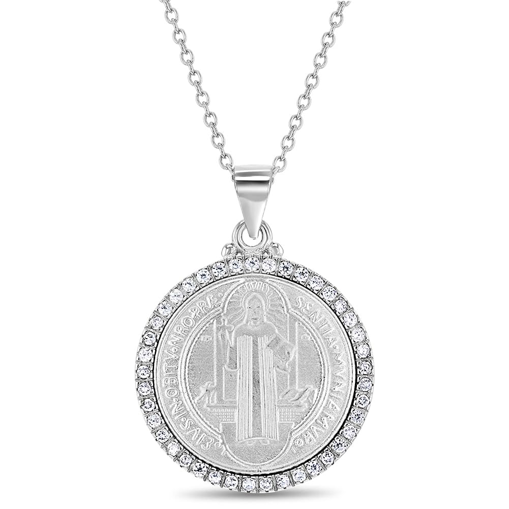 925 Sterling Silver Clear Cubic Zirconia Saint Benedict Medallion 18" Necklace for Young Girls & Teens - Religious Shiny CZ St. Benedict Medal Necklaces for Girls - Faith Charm Jewelry for Women