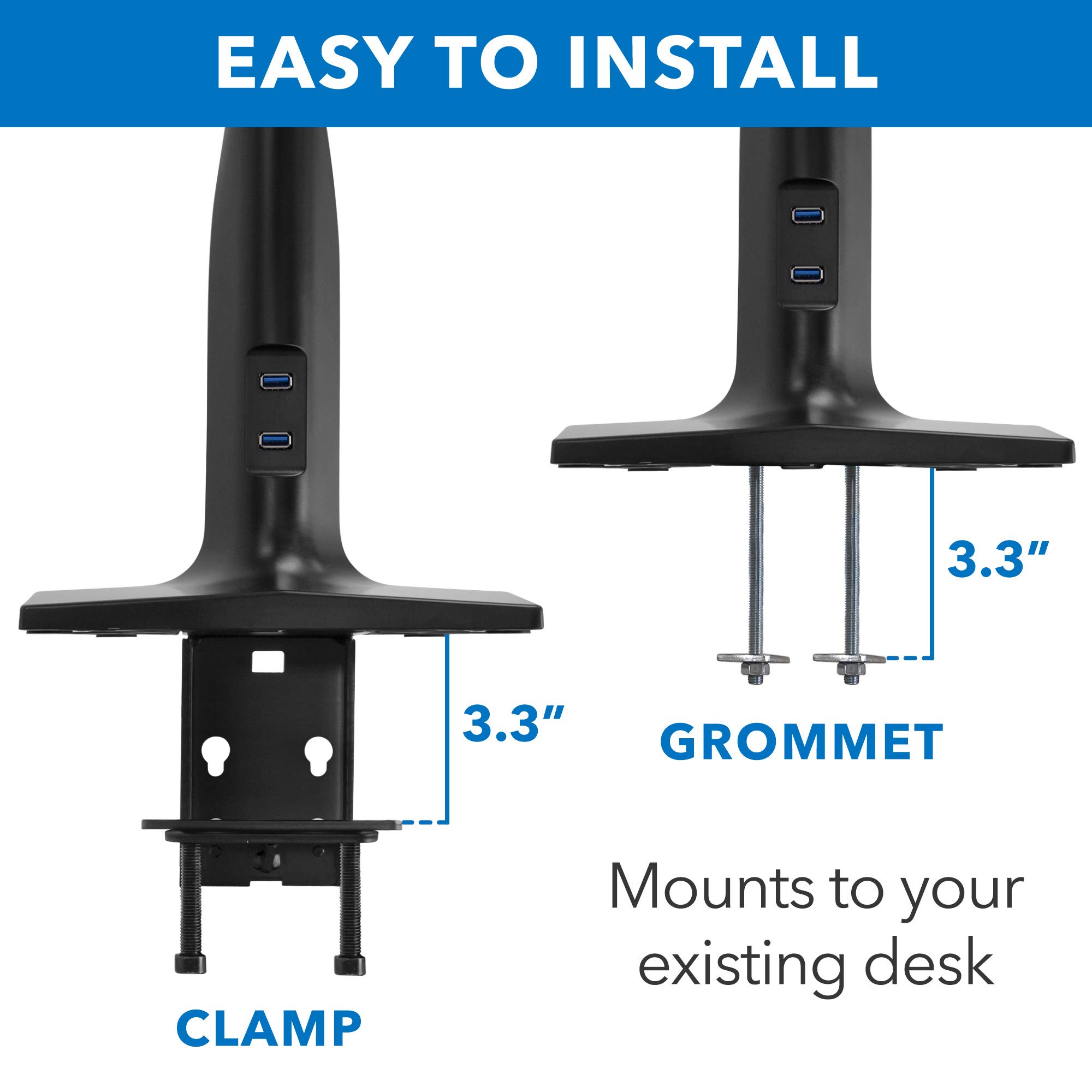 Mount-It! Dual Monitor Sit Stand Workstation with Gas Spring Arm | Height Adjustable Standing Desk Converter | 2 Integrated USB 3.0 Ports | VESA 75 100 | C-Clamp and Grommet Base