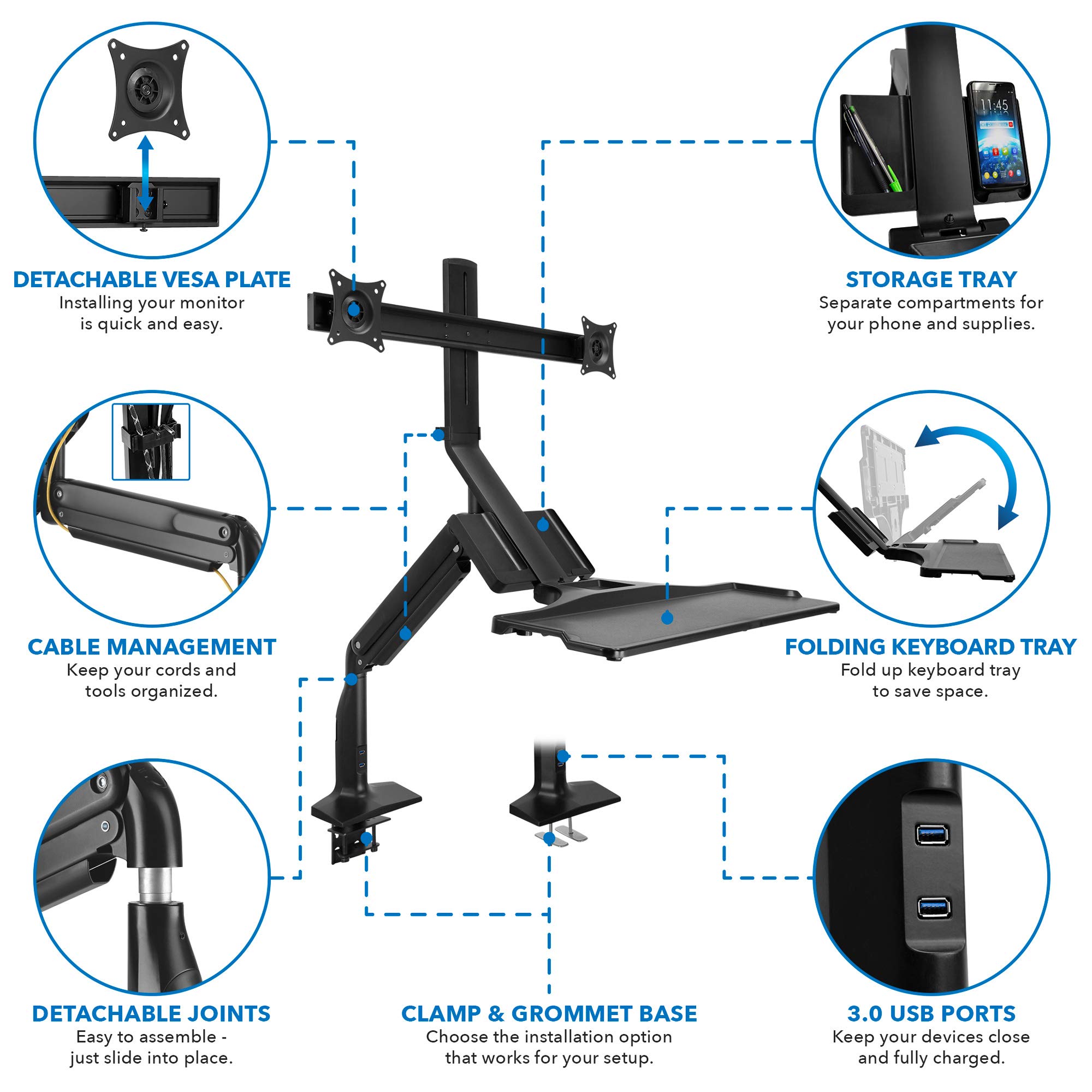 Mount-It! Dual Monitor Sit Stand Workstation with Gas Spring Arm | Height Adjustable Standing Desk Converter | 2 Integrated USB 3.0 Ports | VESA 75 100 | C-Clamp and Grommet Base