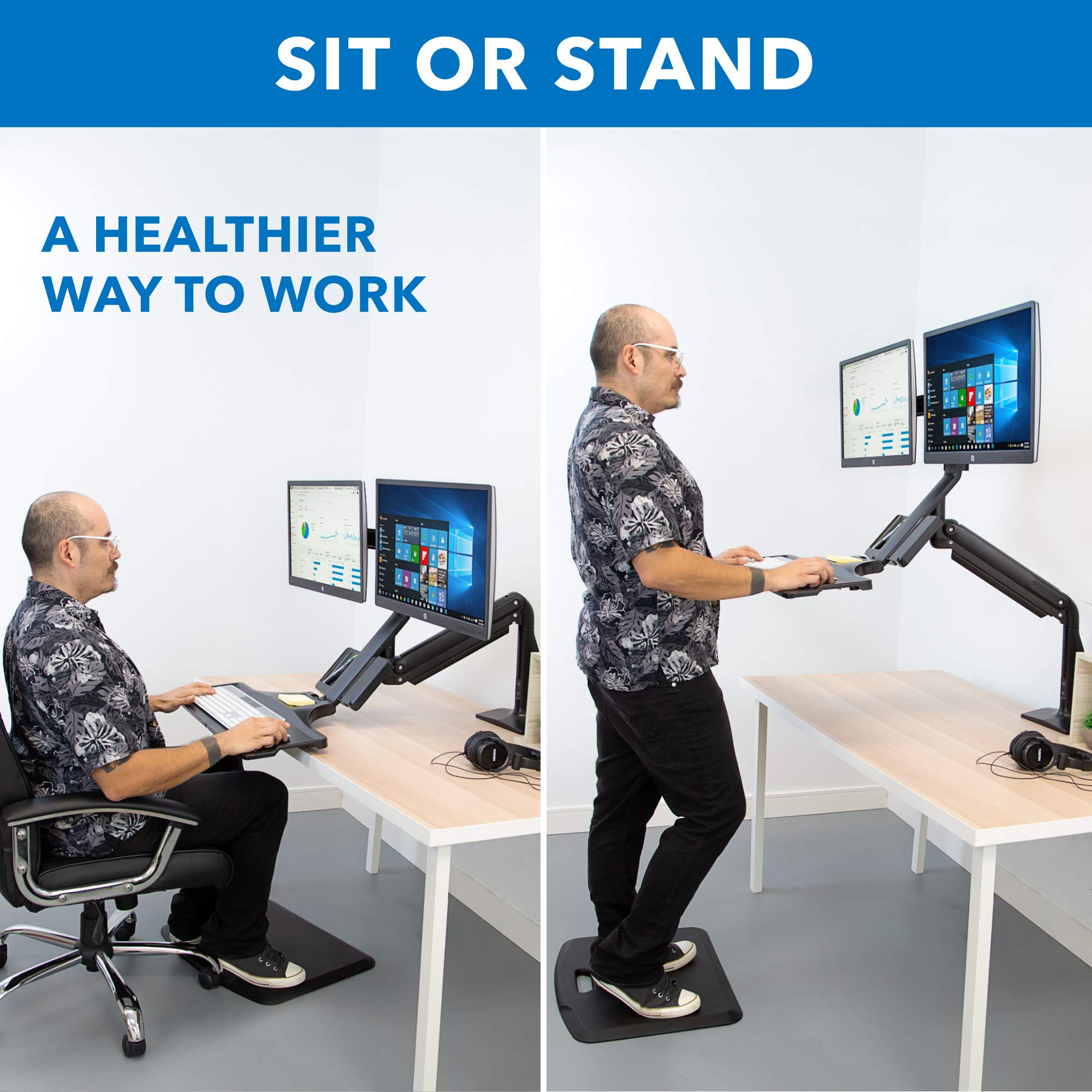 Mount-It! Dual Monitor Sit Stand Workstation with Gas Spring Arm | Height Adjustable Standing Desk Converter | 2 Integrated USB 3.0 Ports | VESA 75 100 | C-Clamp and Grommet Base