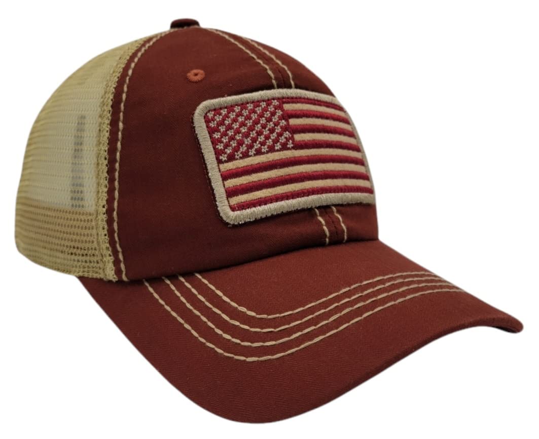 Honor Country US Flag Baseball Hat USA American Trucker Cap Rust Burgundy