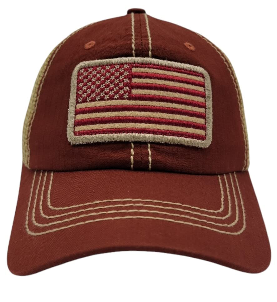 Honor Country US Flag Baseball Hat USA American Trucker Cap Rust Burgundy