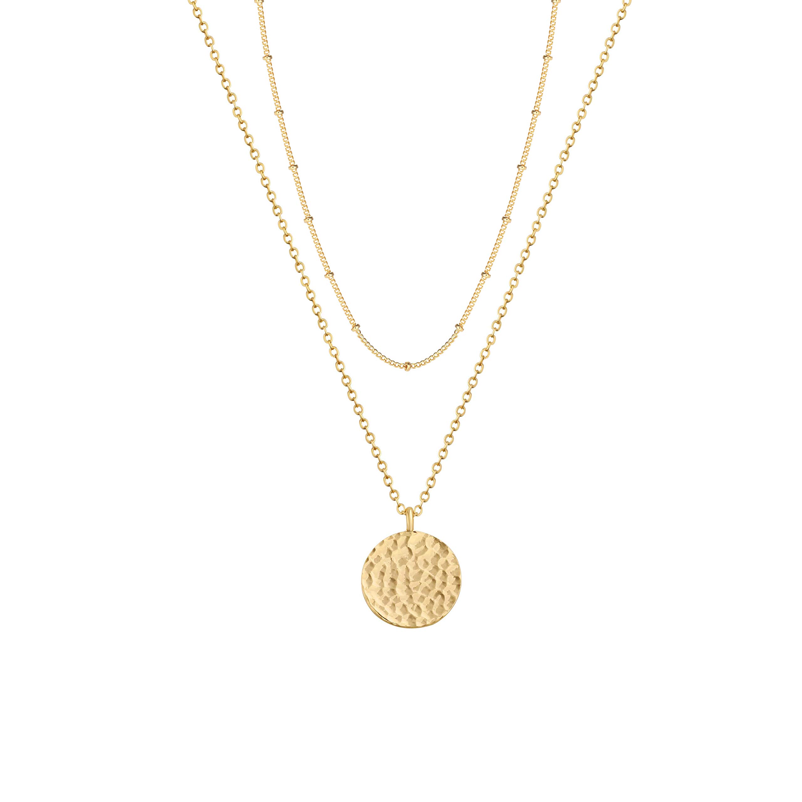 Fettero Layered Necklace Gold Satellite Chain Choker Hammered Coin Pendant 14K Gold Plated Dainty Simple Jewelry for Women