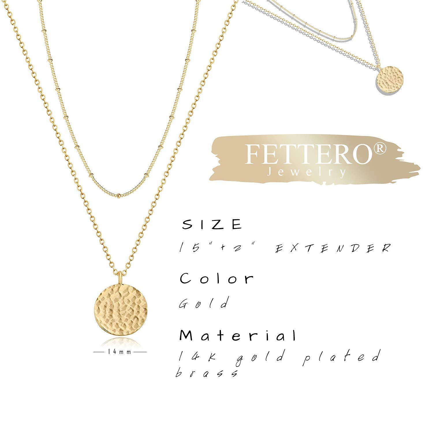 Fettero Layered Necklace Gold Satellite Chain Choker Hammered Coin Pendant 14K Gold Plated Dainty Simple Jewelry for Women