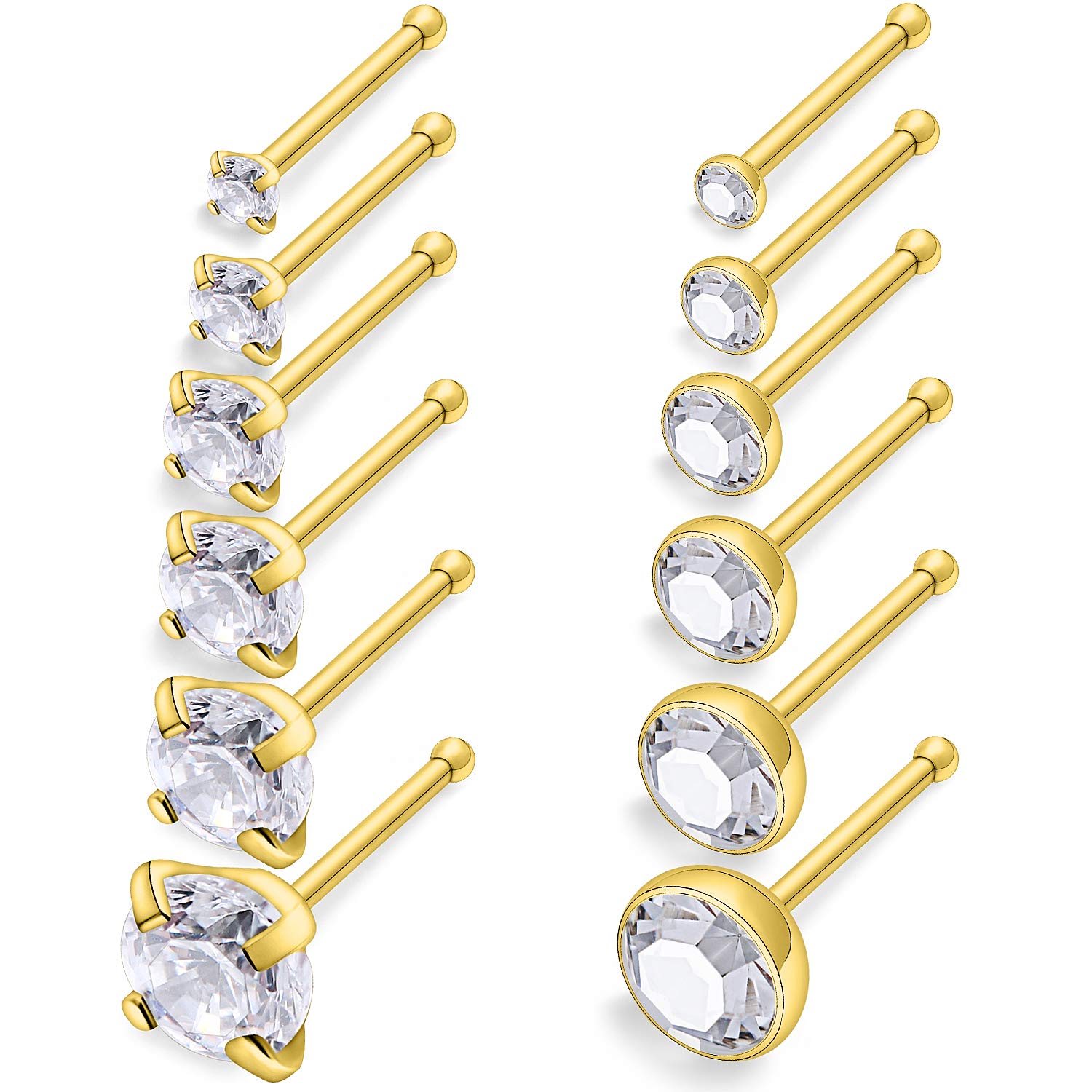 SCERRING 12PCS 18G Stainless Steel Nose Bone Rings Studs Nostril Ring Pin Piercing Jewelry 1.5mm 2mm 2.5mm 3mm 3.5mm 4mm Clear Cubic Zirconia Gold