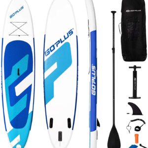 Goplus Inflatable Stand Up Paddle Board, 6” Thick SUP with Accessory Pack, Adjustable Paddle, Carry Bag, Bottom Fin, Hand Pump, Non-Slip Deck, Leash, Repair Kit (Blue, 10FT)