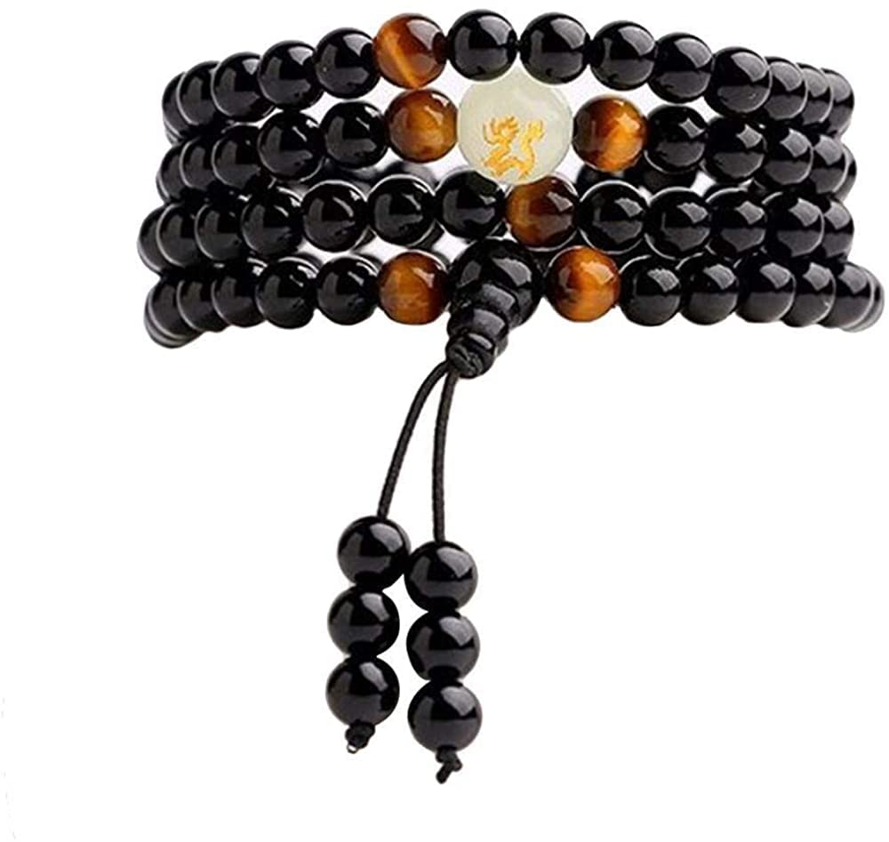 Obsidian Bracelet 108-Beads Dragon Pattern Luminous Therapy Jewerly Gift, 30-inch