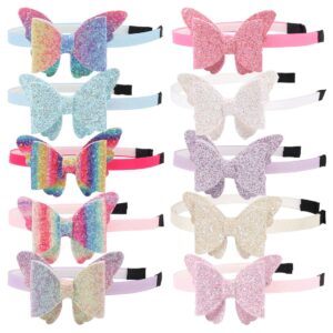 WANYU 10 Pcs Butterfly Bow Headabands For Girls,Glitter Hairbands 3 Inch Sequin Hairbow Rainbow Head Bands For Kids Toddler Girl Hair Accessories